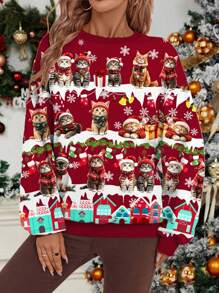 SHEIN LUNE 女式圣诞快乐可爱猫咪图案休闲简约印花圆领长袖宽松运动衫，圣诞礼物服装秋冬女士服装 - 彩色 - 查看 4