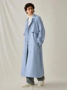Manfinity VCAY 男士时尚休闲长款双排扣梭织风衣，适合秋冬 - 淺藍色 - 查看 6