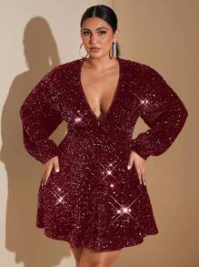 SHEIN BAE 大码女式 V 领亮片装饰简约短裙 - 酒紅色 - 查看 1