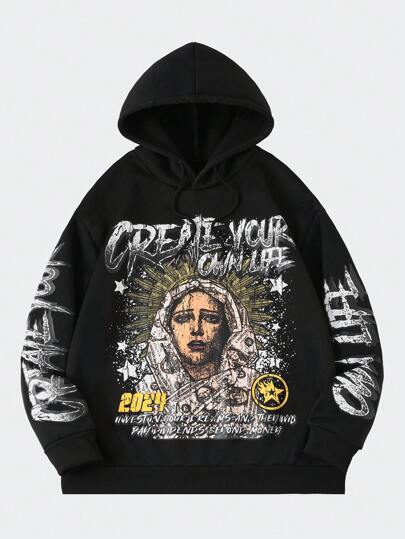 Street Life Men's Graphic Print See-Through Hooded Streetwear Sweatshirt, Halloween