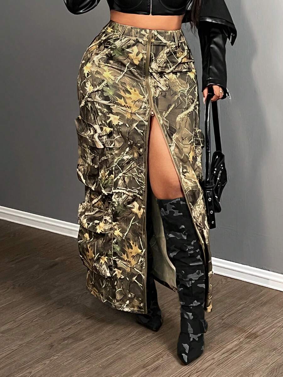 Slaydiva Urban Sexy Zipped Slit Tree Camo Print Multi Pocket Cargo Skirt - Style B - Multicolor - View 1