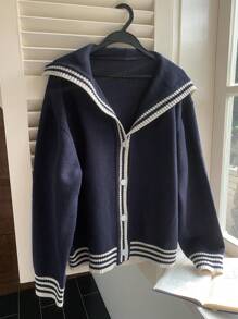 Dazy Petite Plus 大码撞色海军蓝领宽松开衫，秋冬秋季女装 - 藏蓝色 - 查看 1