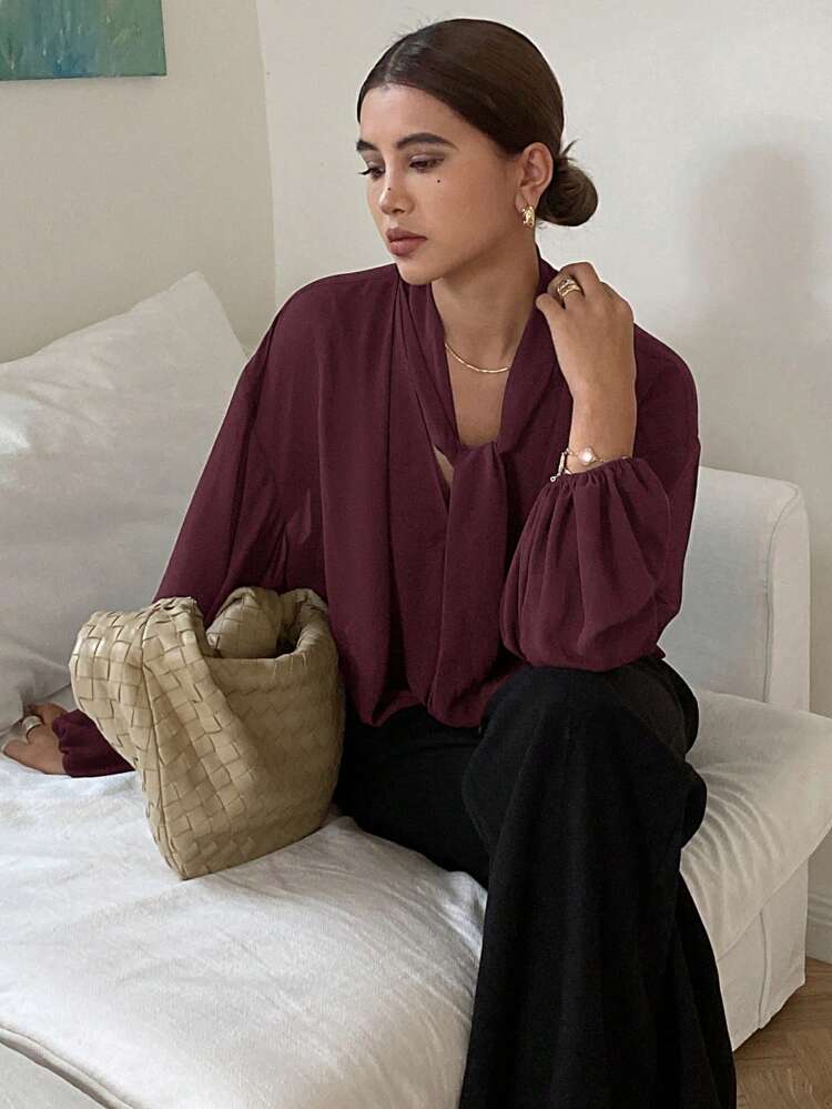 Women's Loose Fit Solid Color Long Sleeve Tie Blouse,Fall Clothes