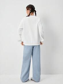 2 件套青少年女孩休闲白色宽松蝴蝶印花蝴蝶结 T 恤和休闲蝴蝶结刺绣直筒牛仔裤，极简时尚，适合日常穿着 - 白色 - 查看 2