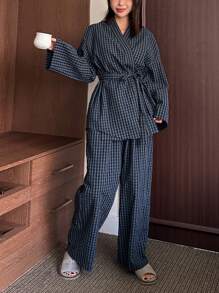 DAZY 女士休闲格子印花长袖睡衣套装，秋冬服装 - 藏蓝色 - 查看 3