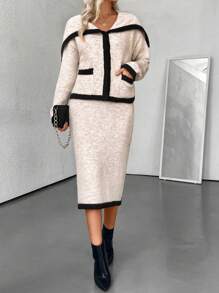 Chiquease Set de 2 piezas para mujer: Elegante cárdigan con ribete de contraste de color + Suéter y falda de punto, otoño/invierno