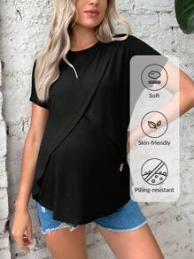 SHEIN Maternity Nursing Solid Wrap Front Tee - Black - View 4