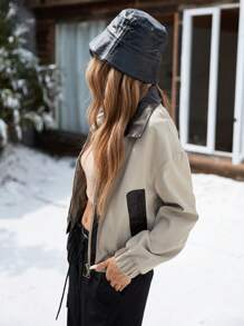 Aveloria Affinna Kurtka w stylu college'u Cool Girl PU Patchwork w kontrastowym kolorze z zamkiem błyskawicznym i długimi rękawami, dla kobiet zimą