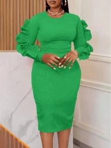 Maweii Đầm suông tay dài cổ tròn màu trơn cỡ lớn đơn giản thường ngày cho nữ - màu xanh lá - Xem 1