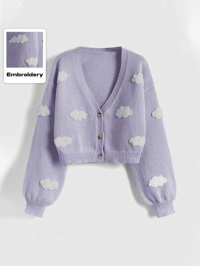 Kawaii 1pc Women Front Button Long Sleeve Pattern Detail Simple Casual Blouse, For Daily Wear