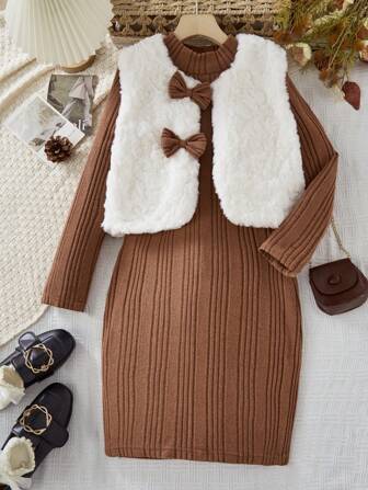 2st/set Tween Girls Elegant varm fuzzy västjacka i kombination med långärmad texturerad stickad klänning, lämplig för avslappnad, pendling, semestersammankomster, höst/vinter