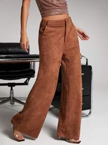 SHEIN Unity Women Solid Color High Waist Pockets Wide Leg Loose Casual Faux Suede Palazzo Pants