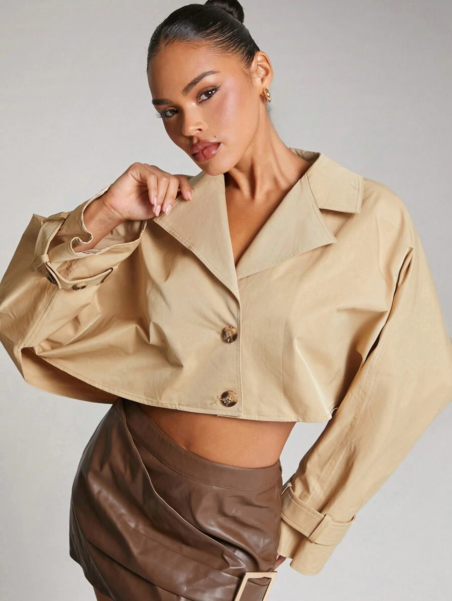 Hauture 女式纯色翻领单排扣蝙蝠袖短款风衣，适合秋季 - 卡其色 - 查看 1