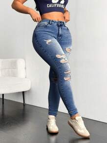 SHEIN EZwear Quần Jeans Skinny Màu Trơn Co Giãn Ôm Sát Cho Nữ - Rửa trung bình - Xem 6