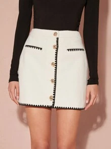 SHEIN 1 件女式撞色饰边前纽扣口袋休闲半身裙 - 白色 - 查看 7