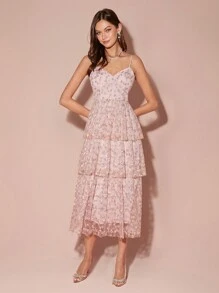 Enchnt Women's Pink V-Neck Mesh Embroidered Floral Waist With Cake Tiered Hem, Thin Sleeveless Waist And Elegant, Cute Long Spaghetti Strap Dress, French Spaghetti Strap Dress, Party, Date Spaghetti Strap Dress, Pastoral Spaghetti Strap Dress, Holiday, Fall Winter