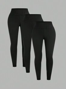 SHEIN CURVE+ 3 条装女士加大码紧身裤，舒适顺滑，适合瑜伽、健身、骑行和日常穿着 - 黑色 - 查看 8