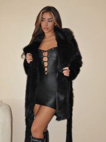 SHEIN ICON 1pc Solid Color Fluffy Fuzzy Tie-Up Decor Long Sleeve Jacket
