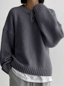 DAZY Women's Solid Color Button Front Half Placket Long Sleeve Casual Pullover Sweater, Autumn/Winter - Grey - View 13