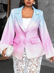 Slaydiva Women Plus Size Elegant Colorful Gradient Print Flare Sleeve Ruffled Blazer Coat, Fashion Romantic High-End - Multicolor - View 10