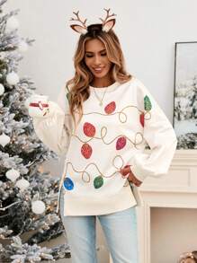 SHEIN LUNE Christmas Neon Lights Print Crew Neck Slit Cuff Long Sleeve Sweatshirt For Women, Casual Winter Christmas Sweatshirt Sudaderas Moletom Crewneck Sweatshirt Christmas Sweatshirt Women