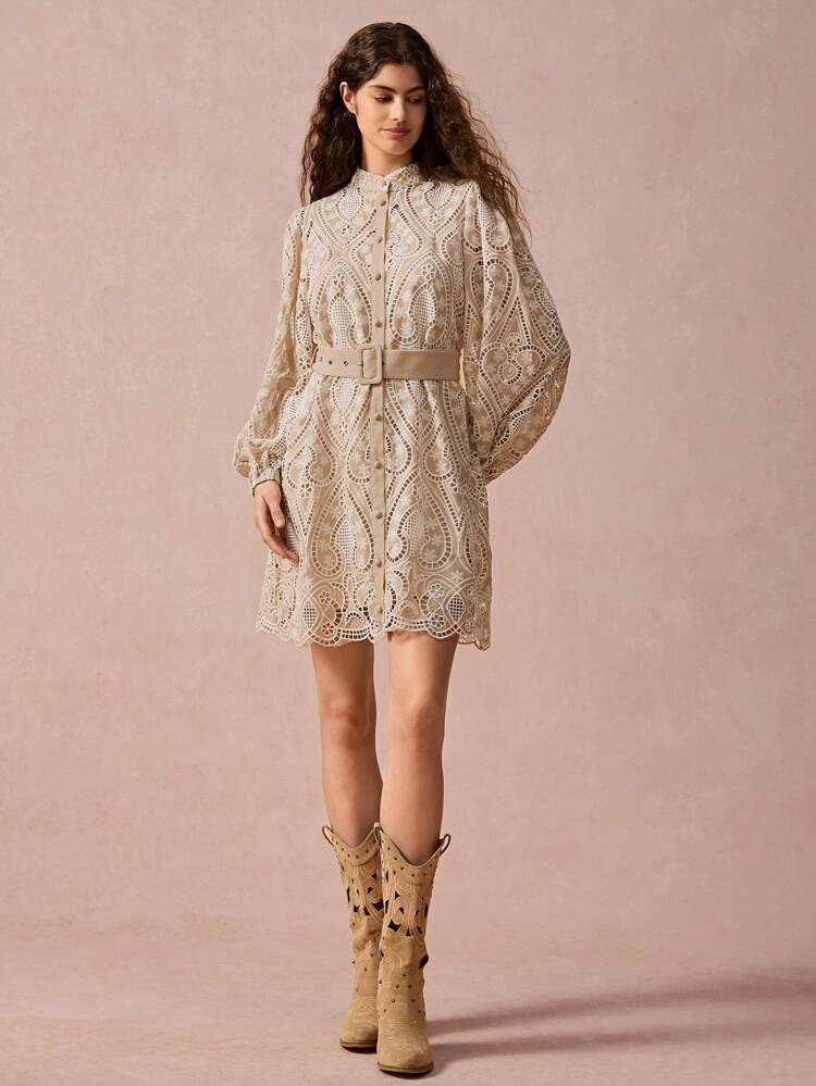 Winter Romantic Women's Vacation Elegant Casual Embroidered Hollow Out Stand Collar Lantern Sleeve Single Breasted Short Dress, New Years Dress ,Christmas Women Clothes,Elegant Women Dresses,Holiday Dresses,Simple Fashionable Casual Daily Wear
