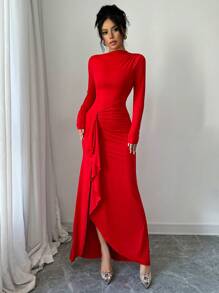Vestido elegante y encantador para oficina, viajes y fiesta de Navidad, de mangas largas, cuello asimétrico, con cintura entallada y falda midi ajustada. Vestido de punto de un solo color para el atuendo de fin de año de las mujeres - Rojo - Ver 4
