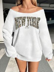 SHEIN EZwear 复古纽约街头秋季枯枝迷彩图案露肩宽松长袖女式运动衫 - 白色 - 查看 3