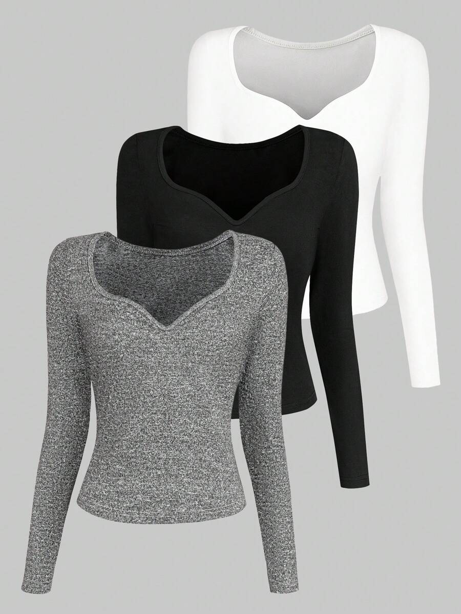 SHEIN LUNE Women's Rib Knit Sweetheart Neck Pullover T-Shirt Set