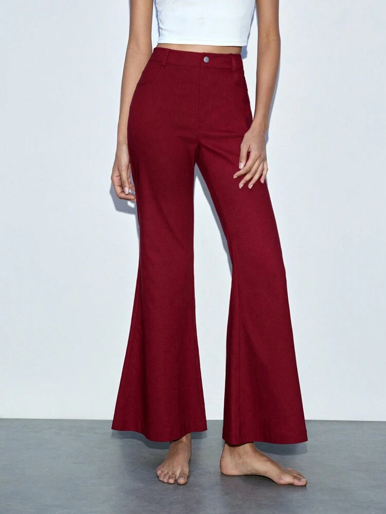 SHEIN Maija Women's Red Flare Leg Elegant Work Wear Low Waist Pants, Autumn/Winter Christmas