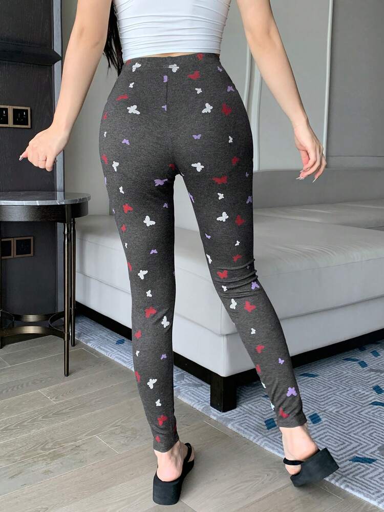 Butterfly Print Fitted Loungewear Pants, Casual Daily Wear Pajama Fall,Winter
