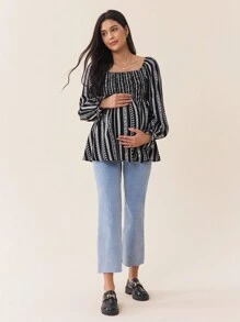 SHEIN Maternity Ditsy Floral Lantern Sleeve Blouse, Spring/Autumn - Black - View 3