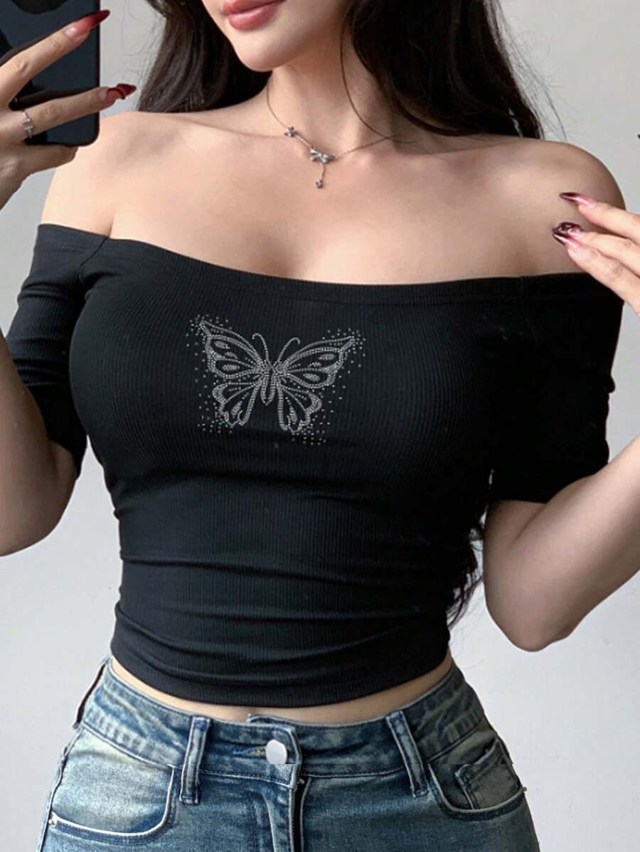 Joudiya Áo thun ngắn tay ôm sát hở vai in hình bướm, áo crop top nữ in họa tiết, áo trễ vai mặc đi chơi. - màu đen - Xem 1