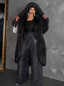 Maweii 大码女式连帽蓬松内衬保暖长款大衣，适合冬季 - 黑色 - 查看 4