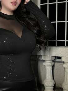 SHEIN Privé T-shirt à manches longues col montant avec contraste de résille grande taille - Noir - Voir 7