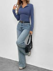 SHEIN LUNE Áo thun dài tay cổ polo retro thường ngày thập niên 90 dành cho nữ, màu xám đậm, mùa thu - Màu xám đen - Xem 6