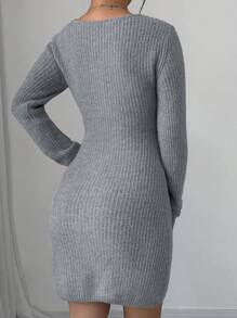 Chiquease Viral Style Round Neck Single Breasted Bodycon Long Sleeve Sweater Dress - Grey - View 2