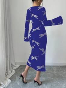 Elenzga Đầm suông cổ tròn dài tay in họa tiết da báo cho nữ dáng ôm thường ngày - Màu xanh lam - Xem 2