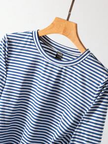 SHEIN BASICS Áo thun nữ cổ tròn kẻ sọc dệt kim dài tay có dây rút bên hông ôm sát - Xanh và trắng - Xem 5