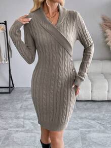 SHEIN LUNE Solid Color Crossover Twist Knitted Side Button Long Sleeve Sweater Dress Fall Cloth For Women - Mocha Brown - View 4
