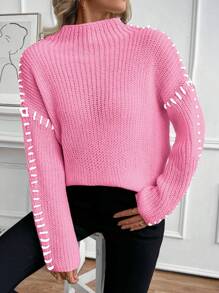 SHEIN LUNE 新款秋冬宽松长袖粉色针织套头衫 - 粉色 - 查看 3