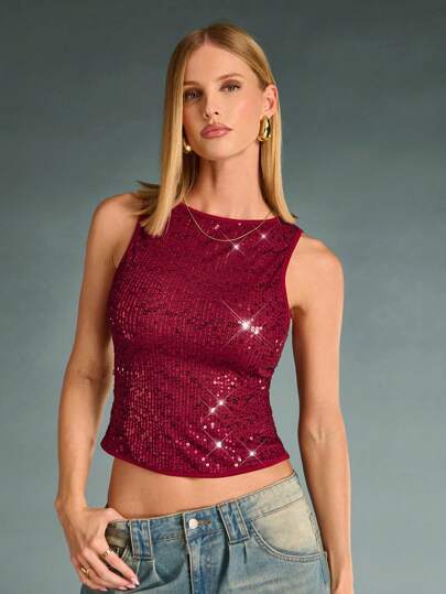 SHEIN BAE 女士秋冬勃艮第纯色安哥拉圆领无袖优雅闪亮亮片装饰简约上衣，适合休闲穿着、鸡尾酒会、浪漫约会、分层穿着、聚会、派对、万圣节、圣诞节、新年