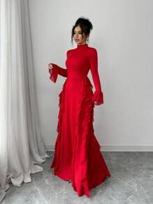 Selianne 女士纯色高领喇叭袖荷叶边下摆优雅长裙新年服装长款女装 - 紅色 - 查看 6