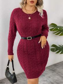 Calvaya Plus Size Solid Color Round Neck Cable Casual Versatile Long Sleeve Sweater Dress, Winter - Burgundy - View 6