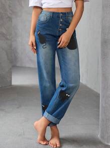 Jeans simples con bolsillo delantero y estampado de gato para mujer, uso casual de todos los días - Azul - Ver 1
