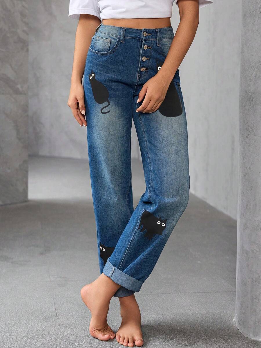 Jeans simples con bolsillo delantero y estampado de gato para mujer, uso casual de todos los días - Azul - Ver 1