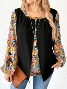 Plus Size Solid Color Block Round Neck Long Sleeve Simple Casual Shirt, Random Print - Black - View 3