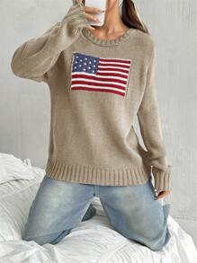 SHEIN EZwear Áo len thường ngày cổ tròn dài tay in hình cờ Hoa Kỳ cho nữ, Thu/Đông - Màu Khaki - Xem 5