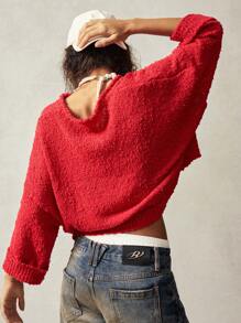 Bohemela Vacation Loose V-Neck Solid Color Dropped Shoulder Long Sleeve Sweater For Women