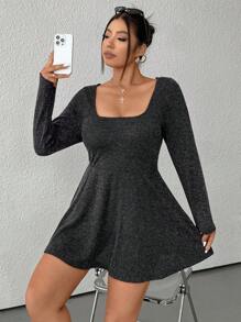 SHEIN EZwear Combi-pantalon casual à manches longues, col carré, poches, couleur unie, tailles grandes